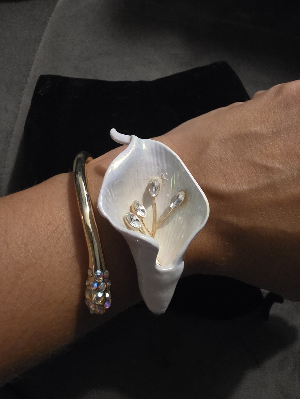Betsey Johnson White Calla Lily Gold Accented Cuff Bracelet